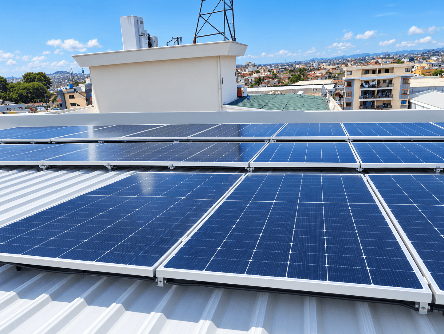 Toiture d'un bâtiment professionnel équipée de panneaux solaires, avec vue sur la ville