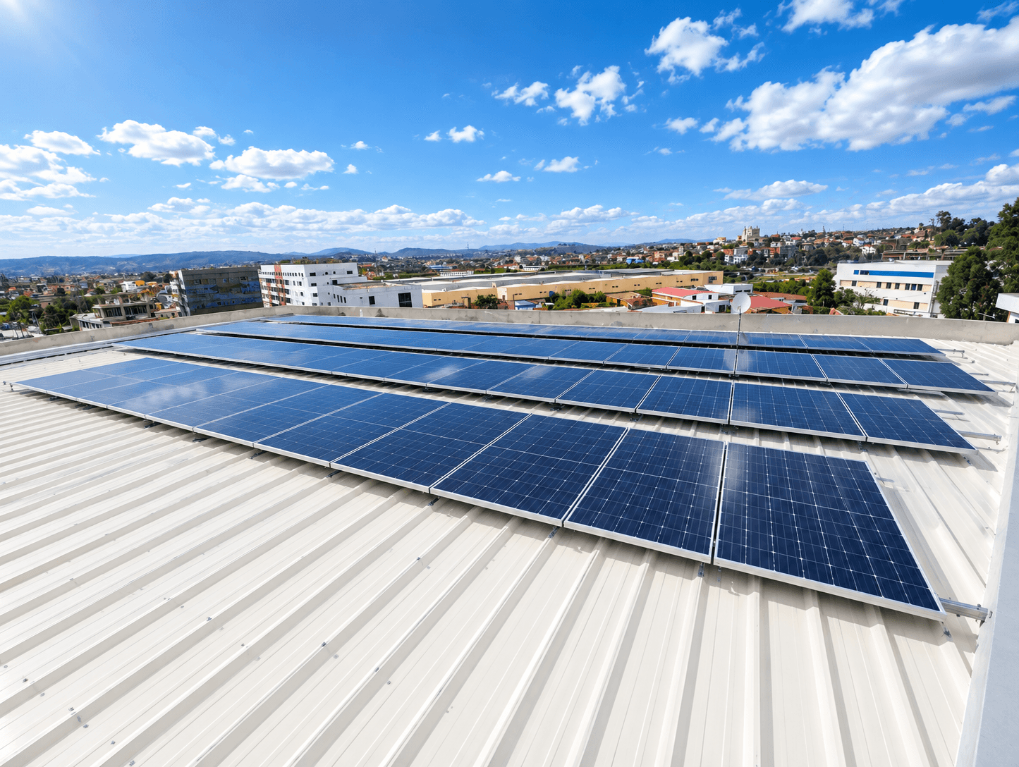 Vue panoramique d'une toiture d'entreprise équipée de panneaux solaires