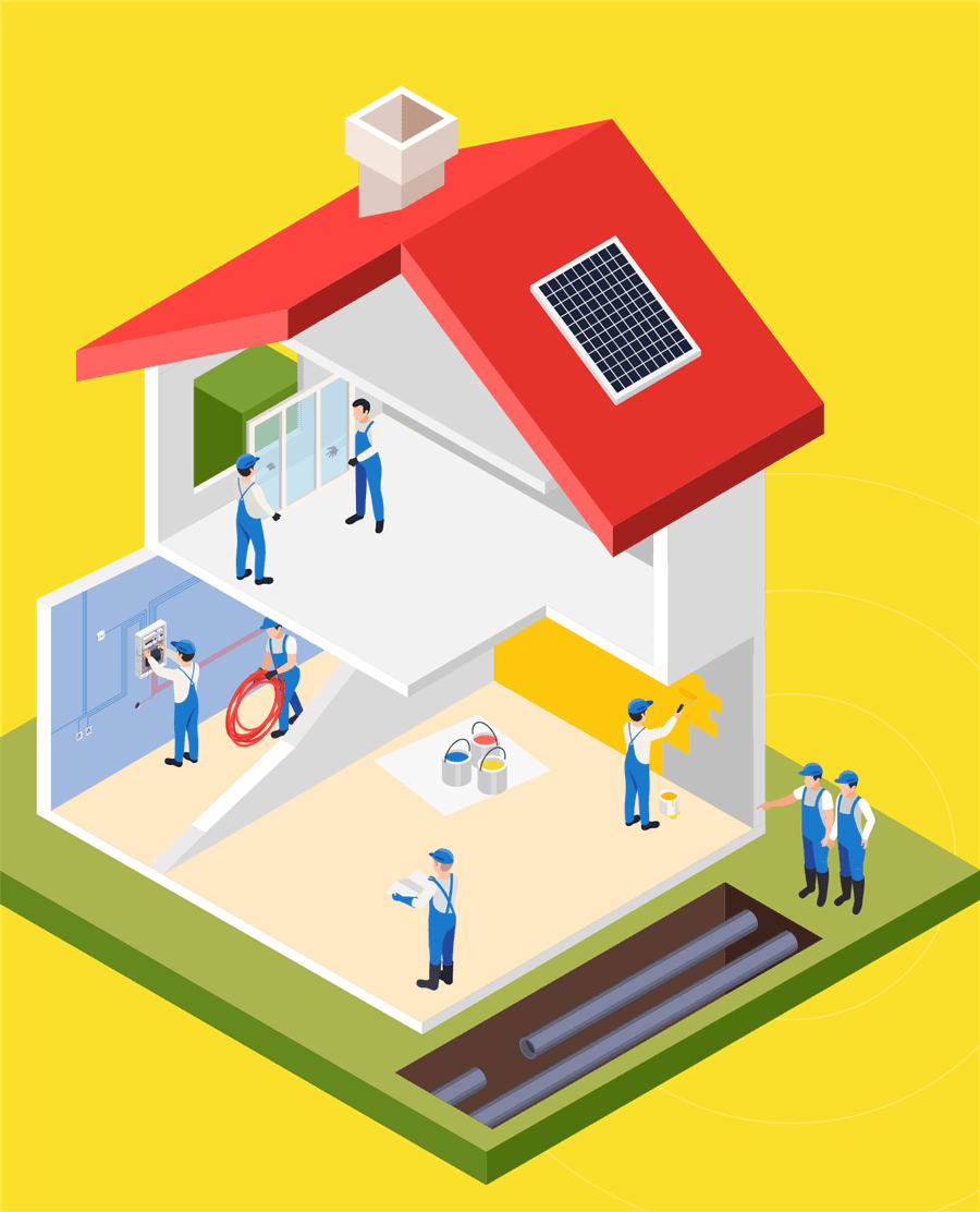 Illustration isométrique d'une maison en cours d'équipement solaire